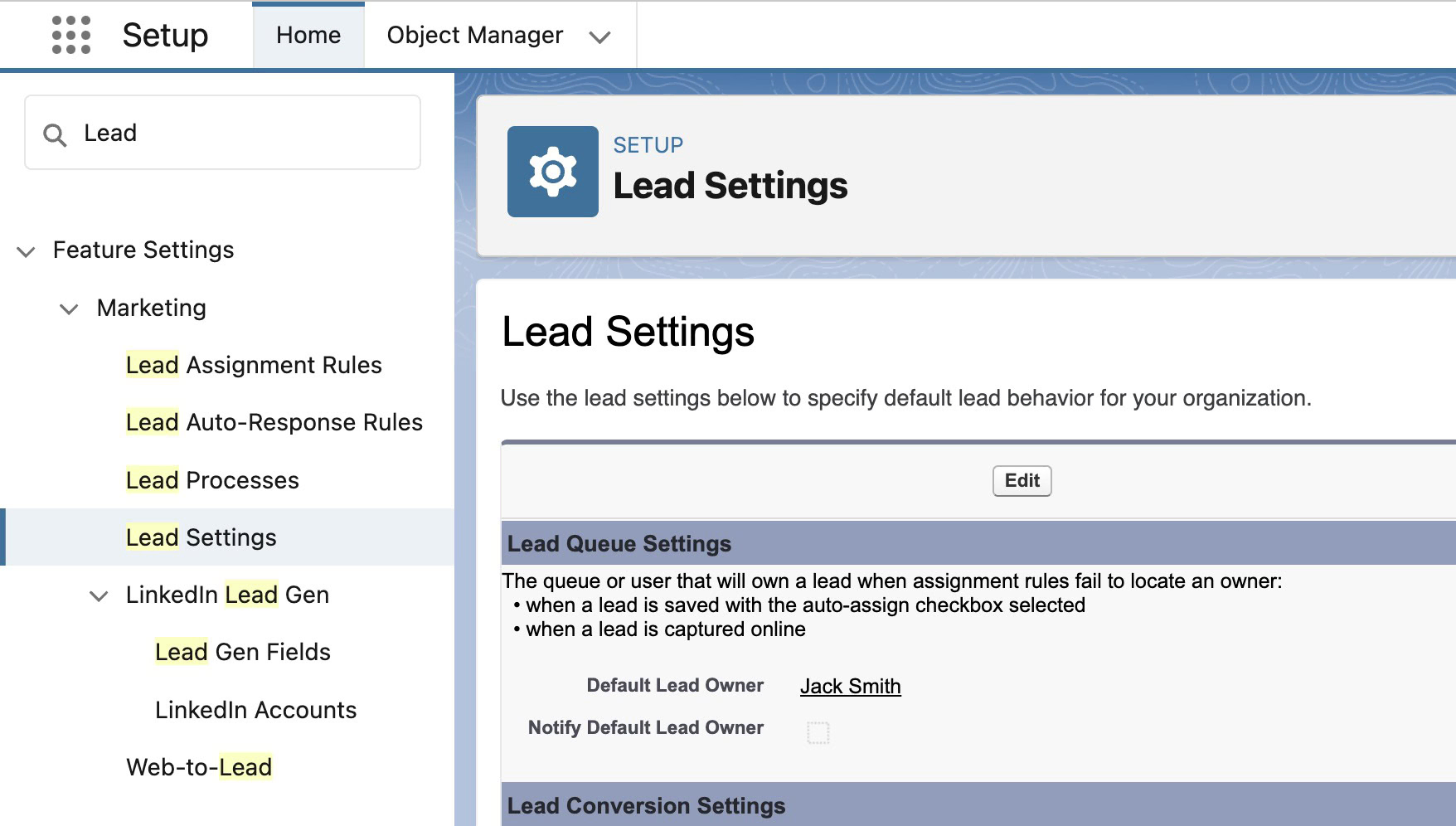 Lead assignment and settings menu pages